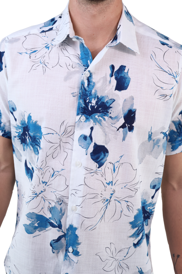 Camisa Estampado Floral Azul Manga Corta De Algodón Para Hombre